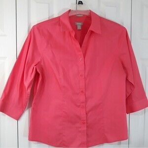 Chico's Cotton 3/4 Sleeve Button Down  Winkle Resistant Pink/Salmon Shirt Large